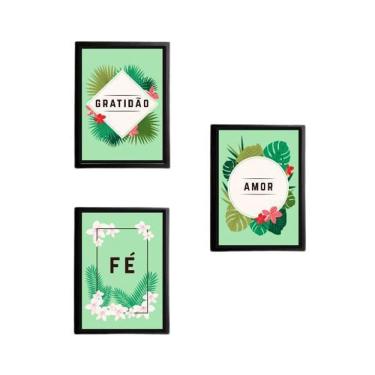 Imagem de Kit 3 Decorativos Quadros Amor, Fé, Gratidão - Tropical