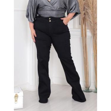 Imagem de Calça Flare Preta Jeans Plus Size Feminina cintura alta boca larga lyc