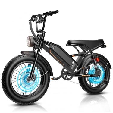 Imagem de Bicicleta elétrica Jasion YR20 preta obsidian pneus 20x4 motor 1000W nominal 3000W pico bateria 48V 20Ah 960Wh suspensão dupla 7 marchas