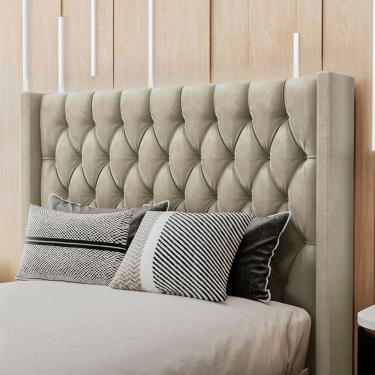Imagem de Cabeceira Estofada Pérola Casal 140 Cm Veludo Bege 155x150x12 Cm Sonhar Estofados