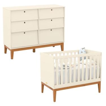 Imagem de Berço Americano e Cômoda 6 Gavetas Unique em MDF com Puxador Fixo Off White Eco Wood Infantil