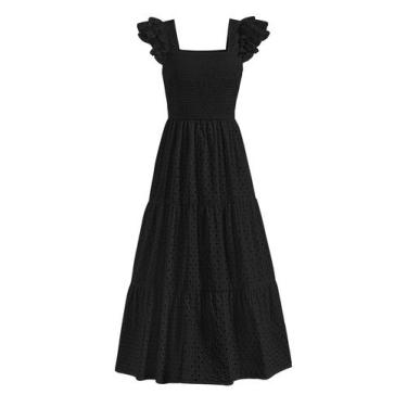 Imagem de Vestido maxi feminino PRETTYGARDEN, decote quadrado, ilhó preto