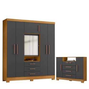Imagem de Cômoda Madri e Guarda Roupa Casal Imperial Carvalho Americano Grafite- Incorplac