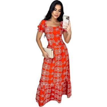 Imagem de Vestido Longo Feminino Manga Curta Estampado Rodado Elastex - Look Dre