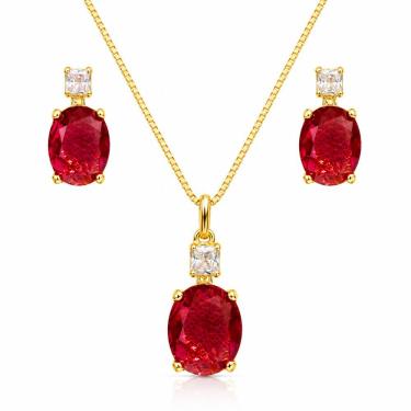 Imagem de Conjunto Colar e Brincos Atraktiva Jóias Zircônio Oval Semijoia Banhada a Ouro 18k Dourado