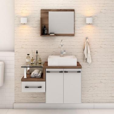 Imagem de Conjunto de Gabinete de Banheiro com Cuba Q39 e Espelheira Wood 2 PT 1 GV Branco e Nogal