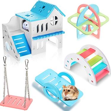 Imagem de Skylety 5 peças de brinquedos para hamster incluem acessórios de madeira, casa de hamster, esconderijo de porquinho-da-índia, ponte arco-íris, gangorra, brinquedo de gaiola circular para exercícios