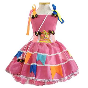 Imagem de Vestido Festa Junina Infantil Luxo Rosa Com Bandeirinhas e Bolsa (GG 11-12)