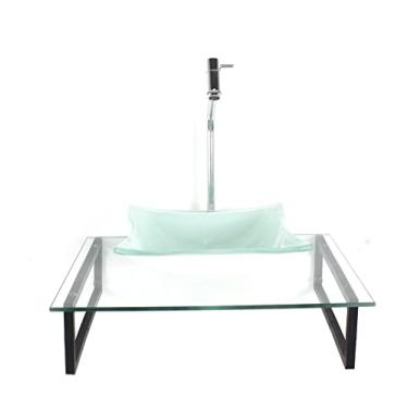 Imagem de KIT CUBA DE VIDRO QUADRADA 10MM BRANCA COM TAMPO 50CM INCOLOR E SUPORTE PRETO