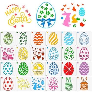 Imagem de OOTSR 24 peças de estênceis de páscoa para pintura em madeira, modelos de plástico reutilizáveis, ovo de Páscoa, estênceis de pintura de coelho para artesanato faça você mesmo pintura em madeira