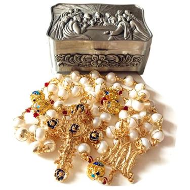 Imagem de elegantmedical CAIXA DE COLAR cruz de rosário com contas de ouro feito à mão AAA branca 9 mm pérola real e esmalte