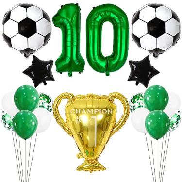 Imagem de Kawailay Balões de futebol 10º aniversário Balões de festa de futebol Campeonato Troféu Balão Verde Escuro Número 10 Balão de Folha para Crianças Aniversário Festa de Futebol