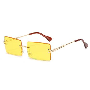 Imagem de Óculos de sol retangulares sem aro na moda corte design de luxo óculos quadrados para mulheres homens estilo verão viajando tons retrô UV400, amarelo ouro, tamanho único