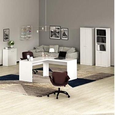 Imagem de Conjunto Home Office 4 Peças 1 Mesa para Escritório em L 1 Estante 1 Armário e 1 Balcão Tecno Mobili Branco