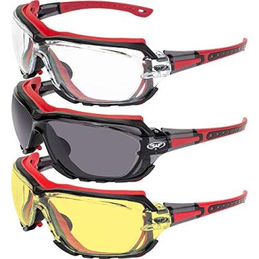 Imagem de 3 pares de óculos de sol esportivos para motocicleta acolchoados com octano Global Vision Octane vermelho com lente transparente fumê e amarela