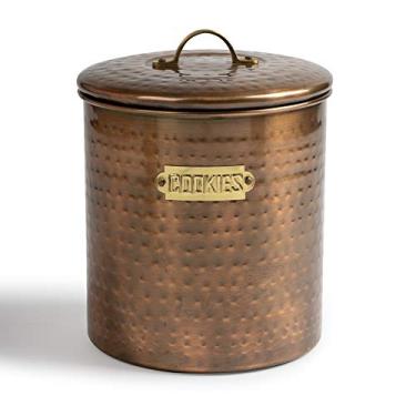 Imagem de NuSteel Jarra de aço inoxidável martelada, recipiente fofo, suporte decorativo de armazenamento de alimentos para cozinha, biscoitos e petiscos assados, com tampa de vedação de borracha, cobre antigo