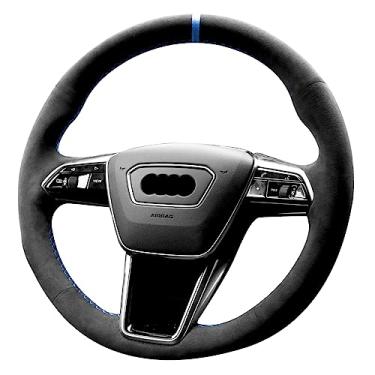 Imagem de Alfanxi Capa de volante Alcantara Hand Stitch compatível com Audi A6 A7 e-tron S6 S7 S8 (listra azul)