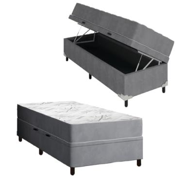 Imagem de Cama Box Baú Solteiro Colchão Espuma Egito 88x188x60cm Cinza/Branco Portobel