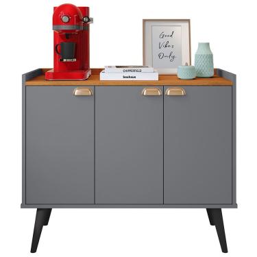 Imagem de Aparador Buffet 3 Portas Cantinho Café Prateleira Organizadora Puxador Concha Vintage Pés Retrô Sala Jantar Truzzi - Cinza/Cinamomo - RPM