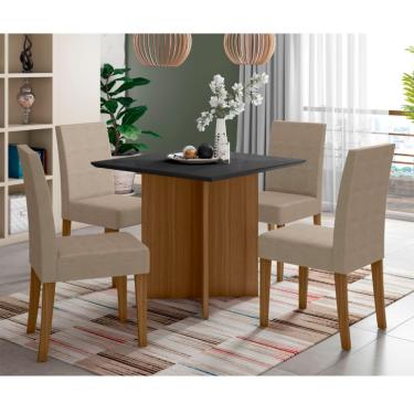 Imagem de Conjunto de Mesa de Jantar Quadrada com Tampo de Vidro Preto Helo e 4 Cadeiras Josi Suede Fendi