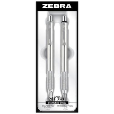 Imagem de Zebra Conjunto de lapiseira e caneta esferográfica de aço inoxidável M/F 701, ponta fina, grafite HB de 0,7 mm e tinta preta de 0,8 mm, conjunto de presente de 2 unidades, prata (10519)