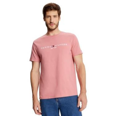 Imagem de TOMMY HILFIGER Camiseta masculina de modelagem regular com logotipo Tommy bordada, gola redonda, coleção 2024, (2024) Flor rosa., GG