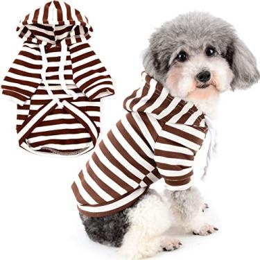 Imagem de Zunea Camisas com capuz para cães pequenos médios listradas roupas de cachorrinho pulôver moletom macio manga curta camiseta básica animal de estimação menina menino roupas para todas as estações café