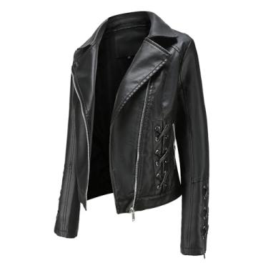 Imagem de CNSTORE Casaco feminino Jaqueta de couro PU de cor sólida com zíper, feminino Moda tecido couro jaqueta com cadarço casual casaco de motociclista PU com bolsos