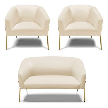 Imagem de Sofá Namoradeira e 2 Poltronas Pé de Ferro Dourado Stella Corino Bege D03 - D`Rossi