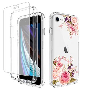 Imagem de Vavies Capa para iPhone SE 2022/SE 3 2022/SE 2020/iPhone 7/iPhone 8 com protetor de tela de vidro temperado, capa de telefone transparente com proteção floral para iPhone 7/8 (flor rosa)
