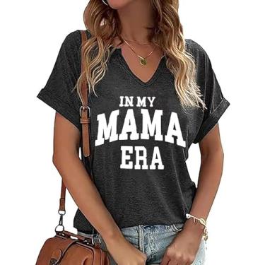 Imagem de Camiseta feminina com gola V Mama Funny Mom Life, presente da mamãe, blusa casual, Cinza escuro, P