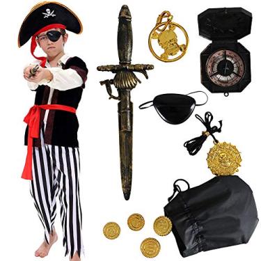 Imagem de Fantasia de pirata infantil de luxo fantasia pirata adaga bússola brinco bolsa para festa de Halloween (P)