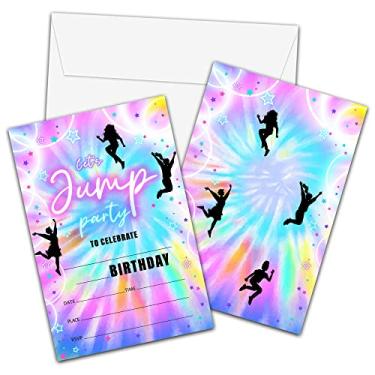 Imagem de Convites de aniversário de trampolim pular com envelopes - Cartão de convite de festa Bounce House para meninas / meninos - Let's Jump Fill-in Convites Cards - Celebração de festa neon Rainbow Glow