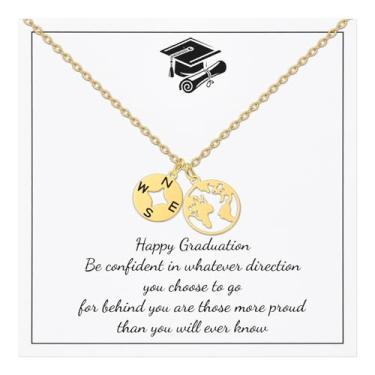 Imagem de QianSiLi Colar de bússola banhado a ouro 18 k com bússola banhada a ouro 18 k com pingente de mapa-múndi para faculdade, para mulheres, filhas, amigas, estudantes, Large, Aço