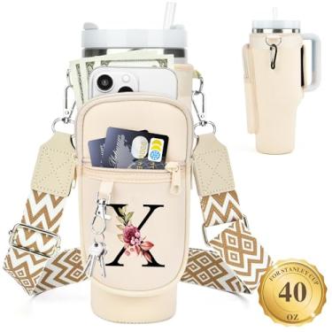 Imagem de LOKASS Suporte de garrafa de água personalizado com alça para acessórios Stanley Cup Tumbler de 1,134 g, bolsa de transporte inicial para garrafa de água com bolso para telefone, para mulheres, ideal