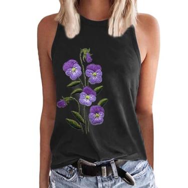 Imagem de Camiseta regata feminina Alzheimers Awareness com estampa floral roxa sem mangas, gola redonda, casual, caimento solto, Preto, P