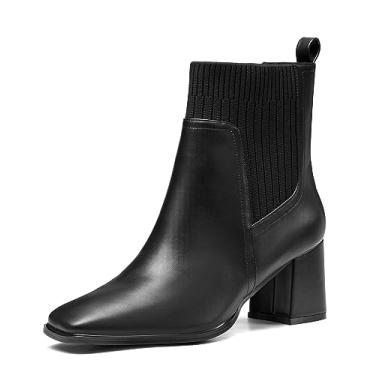 Imagem de Coutgo Bota feminina de cano baixo, salto grosso, bico quadrado, emenda, meia, Preto, 40