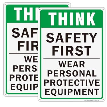 Imagem de Pacote com 2 placas Think Safety First, 25,4 x 35,5 cm, placa de aviso refletiva de alumínio para uso interno ou externo - Proteção UV, resistência ao desbotamento - à prova de intempéries