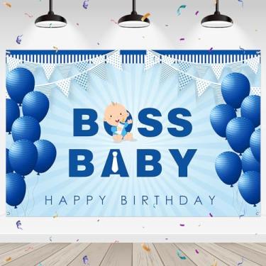Imagem de WeBenison Boss Baby Backdrop Faixa de fundo para fotografia de feliz aniversário para meninos chá de bebê revelação de gênero menino festa de aniversário 1º aniversário decoração de faixa interna ao