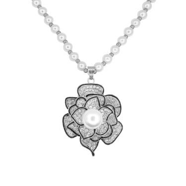 Imagem de Colar feminino com pingente de pérola de flor de cristal longo com strass e tulipa de girassol, colares de contas de pérolas, dourado, prata, suéter, colar de declaração, joias modernas para mulheres,