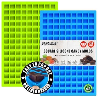 Imagem de RUGVOMWM Mini moldes quadrados de silicone para doces de 50 cavidades - Molde quadrado duro para doces duros, chocolate, goma, caramelo, ganache, cubos de gelo. 2 pacotes - azul e verde
