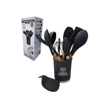 Imagem de Kit de Utensílios de Cozinha de Silicone 13 Peças - Preto, com Espátulas, Concha, Colher, Escumadeira, Pegador de Massa, Pincel, Fuê e Mais, Resistente ao Calor, Ideal para Panelas Antiaderentes.