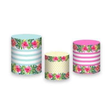 Imagem de Trio De Capa Cilindro 3D - Tropical Listras com Flores 001 - Via Cores