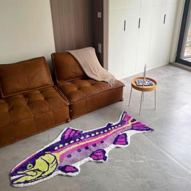 Imagem de Tapete de área adornado vibrante com design abstrato de peixe para sala de estar, quarto, 3D, patchwork, felpudo, tapetes de musgo, felpudo, antiderrapante, para berçário, varanda, pátio grama para