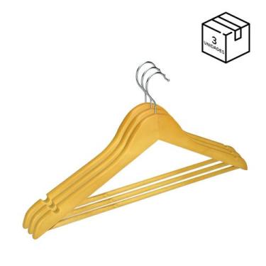 Imagem de Kit 3 Cabides de Madeira Adulto Camisa Calça Gancho Metal - Onyx