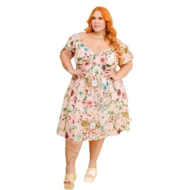 Imagem de Vestido feminino curto decote V profundo florido laise bordado algodão