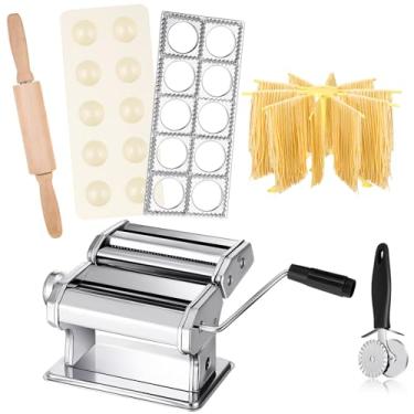 Imagem de Tiangrid Conjunto de 5 ferramentas para fazer massas, máquina de fazer massas, 12 furos, ravióli, secador, rack de macarrão, rolo duplo, inoxidável, cortador de pastelaria, rolo de madeira, molde de