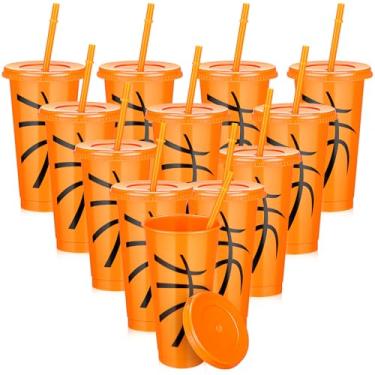 Imagem de Domensi Conjunto de 12 copos de bola esportiva com canudos, copos de plástico de 680 g, copos de plástico reutilizáveis com tampas e canudo, lembrancinhas de festa para jogos de aniversário (laranja,