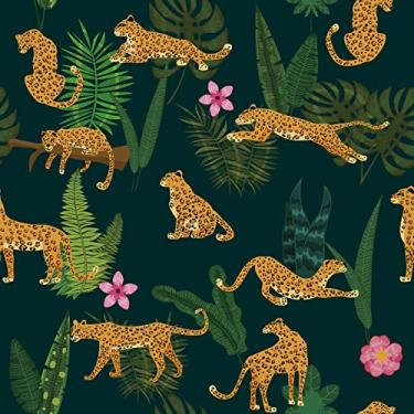 Imagem de Papel de parede tropical CHIHUT com estampa de leopardo de 45 cm x 1,198 cm, papel de contato verde escuro para armários, papel de parede removível, autoadesivo, selva, animal, papel de parede, mural