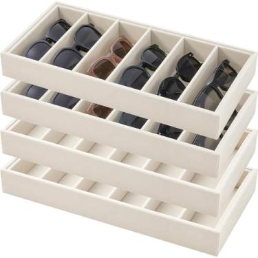 Imagem de Juexica Bandeja organizadora de óculos de sol de veludo, 4 peças, organizador de óculos de sol, 6 grades, bandeja de veludo, estojo de exibição de óculos empilhável para mulheres, óculos, joias e